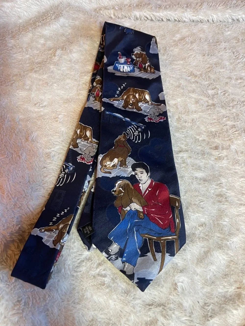 Hound Dog Elvis Novelty Silk Tie in Navy with Multicolor Motifs vintage 1993